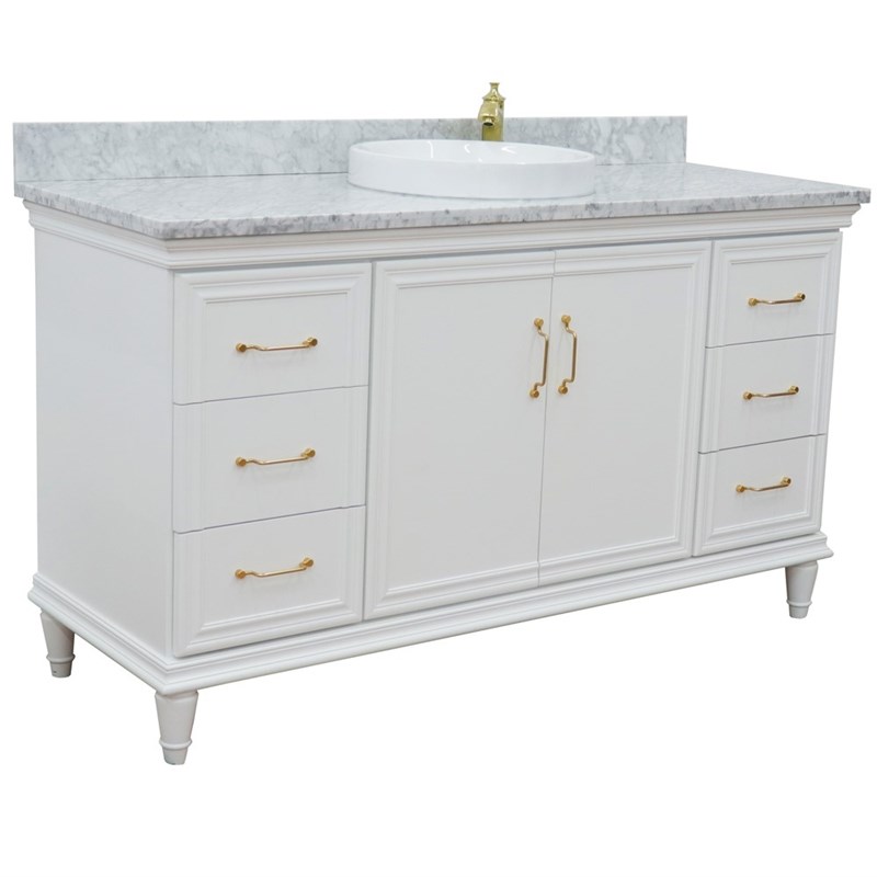 61 in. Single Wooden Vanity  White with White Carrara Round Sink