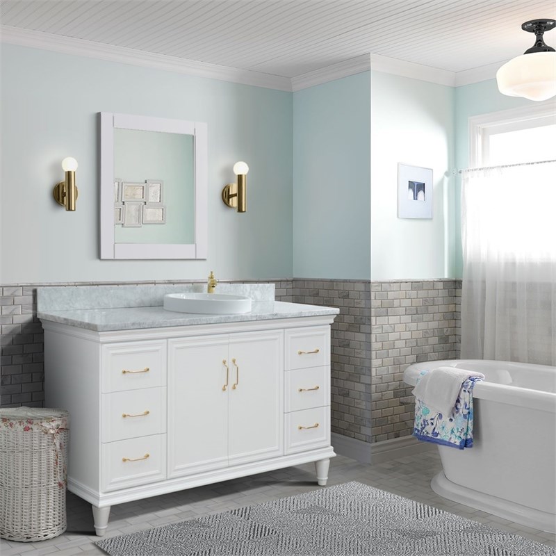 61 in. Single Wooden Vanity  White with White Carrara Round Sink