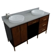 61 in. Double Wooden Vanity Walnut Black Gray Granite Round Sink