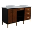 61 in. Double Wooden Vanity Walnut Black White Quartz Round Sink