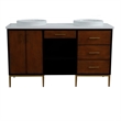 61 in. Double Wooden Vanity Walnut Black White Quartz Round Sink