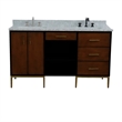 61 in. Double Wooden Vanity Walnut Black White Carrara Marble Rectangle Sink
