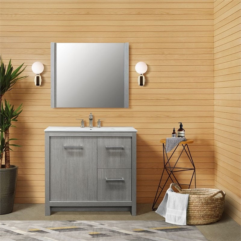 36 in. Single Wooden Vanity  in Grey Pine with White Ceramic Top