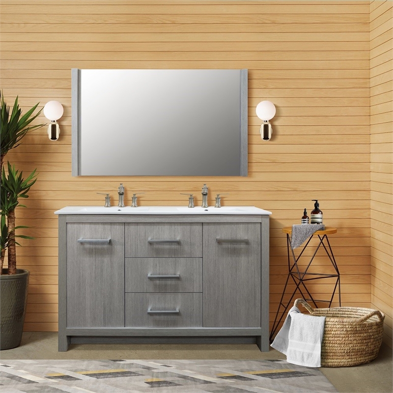 48 in. Gray Pine Double Wooden Vanity with Ceramic Top