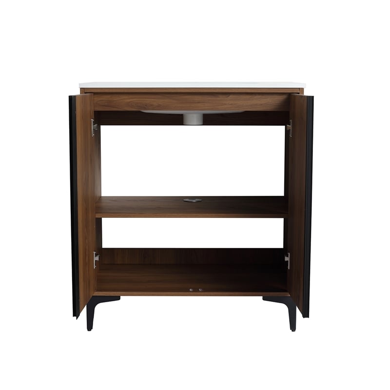 30 in. Single Vanity in Brown Walnut finish with Solid Surface Resin White Sink