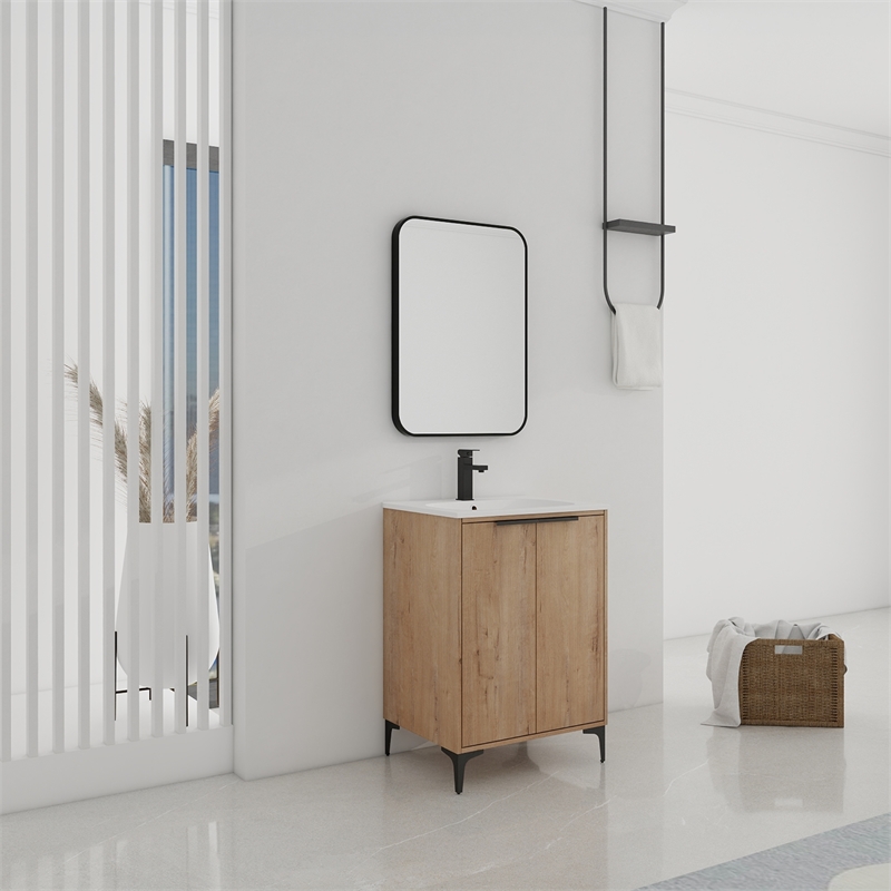 24 in. Single Vanity in Natural finish with Solid Surface Resin White Sink