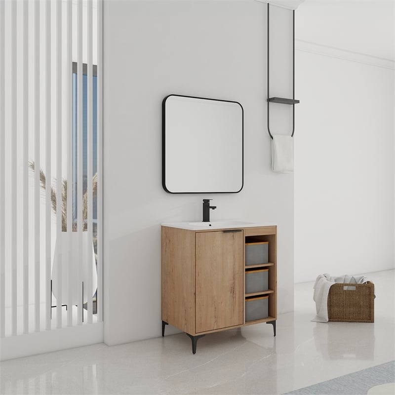 30 in. Single Vanity in Natural finish with Solid Surface Resin White Sink