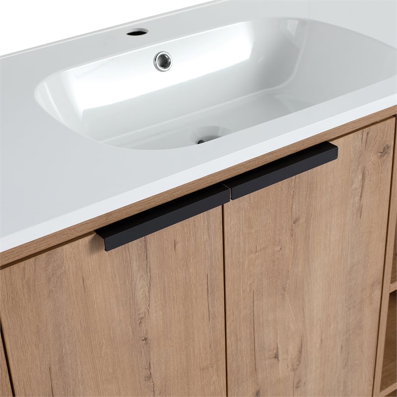 36 in. Single Vanity in Natural Finish with Solid Surface Resin White Sink