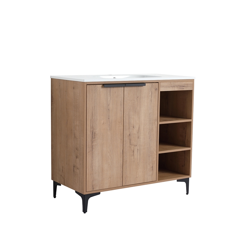 36 in. Single Vanity in Natural Finish with Solid Surface Resin White Sink