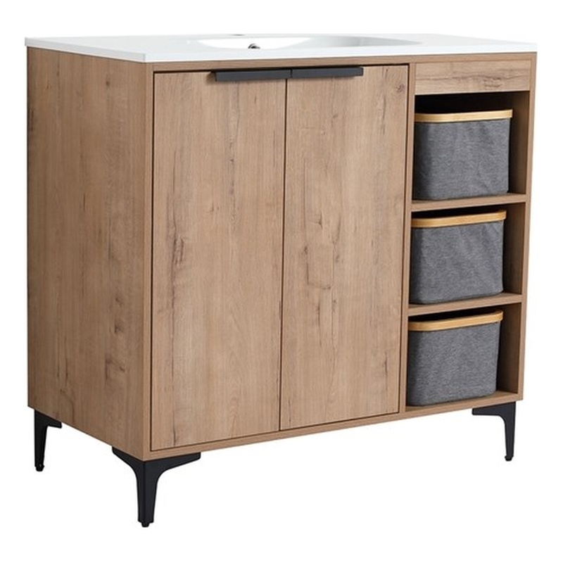 36 in. Single Vanity in Natural Finish with Solid Surface Resin White Sink