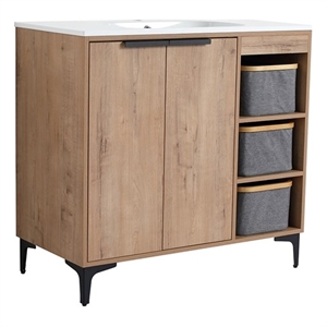 36 in. Single Vanity in Natural Finish with Solid Surface Resin White Sink