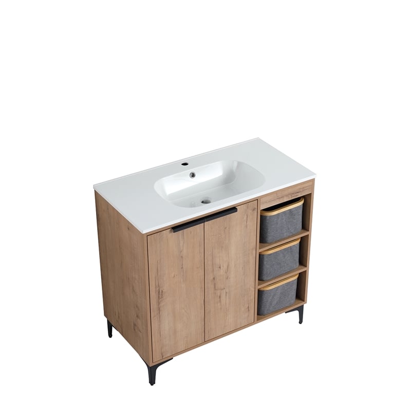 36 in. Single Vanity in Natural Finish with Solid Surface Resin White Sink
