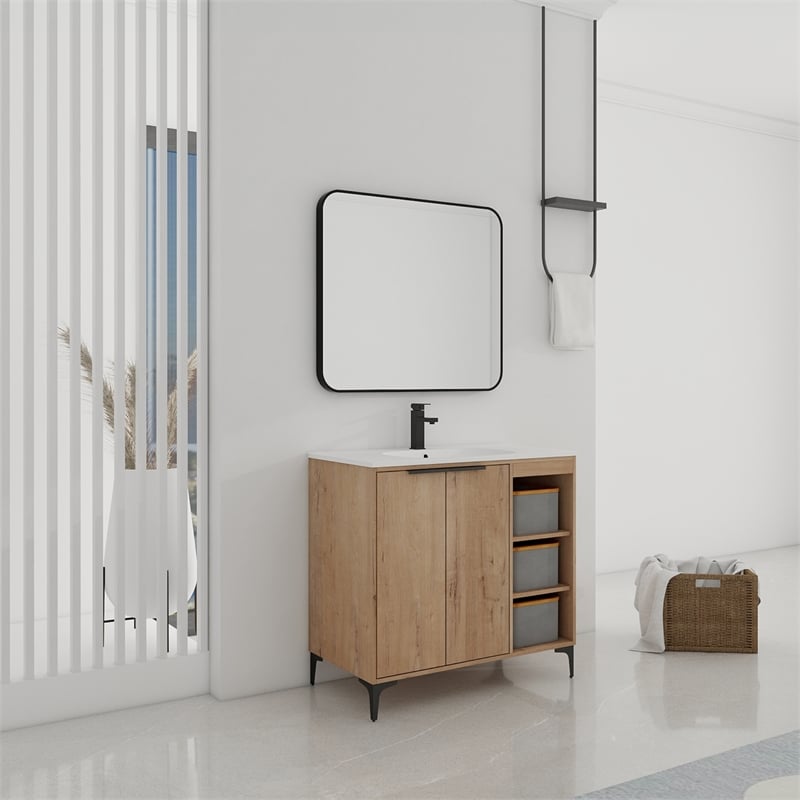36 in. Single Vanity in Natural Finish with Solid Surface Resin White Sink