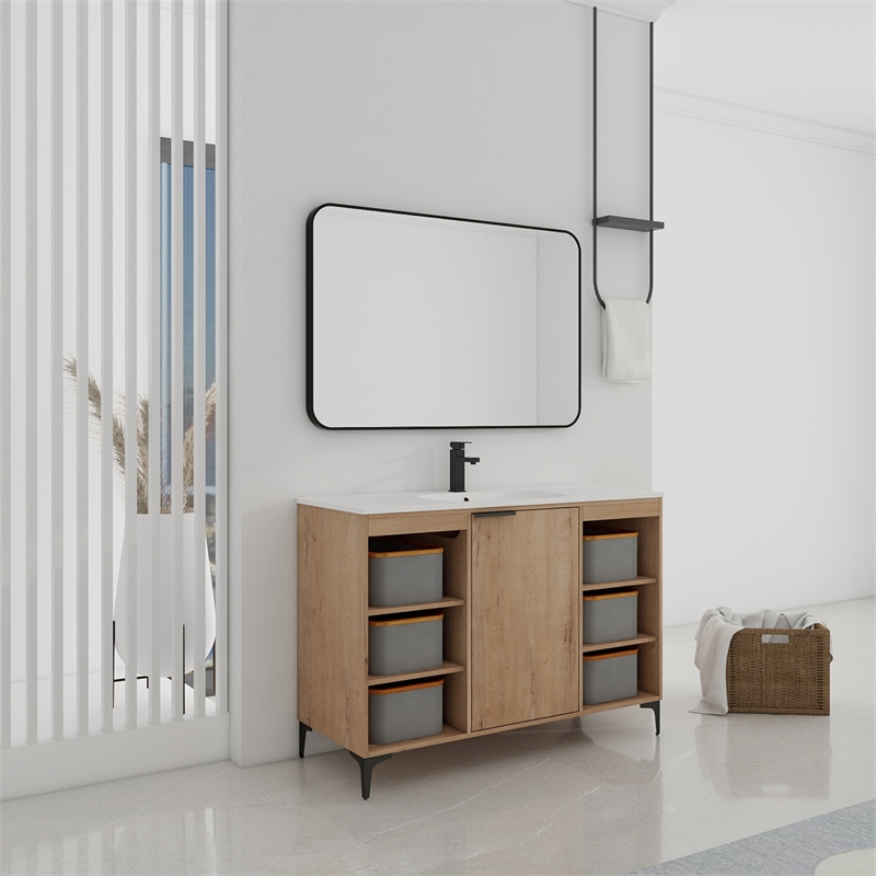 48 in. Single Vanity in Natural Finish with Solid Surface Resin White Sink
