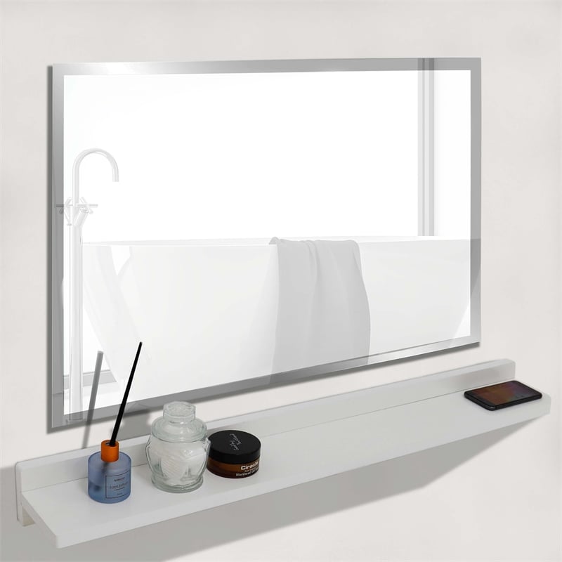 35 in. White Wooden QI Wireless Charging Shelf and Frameless Mirror Set