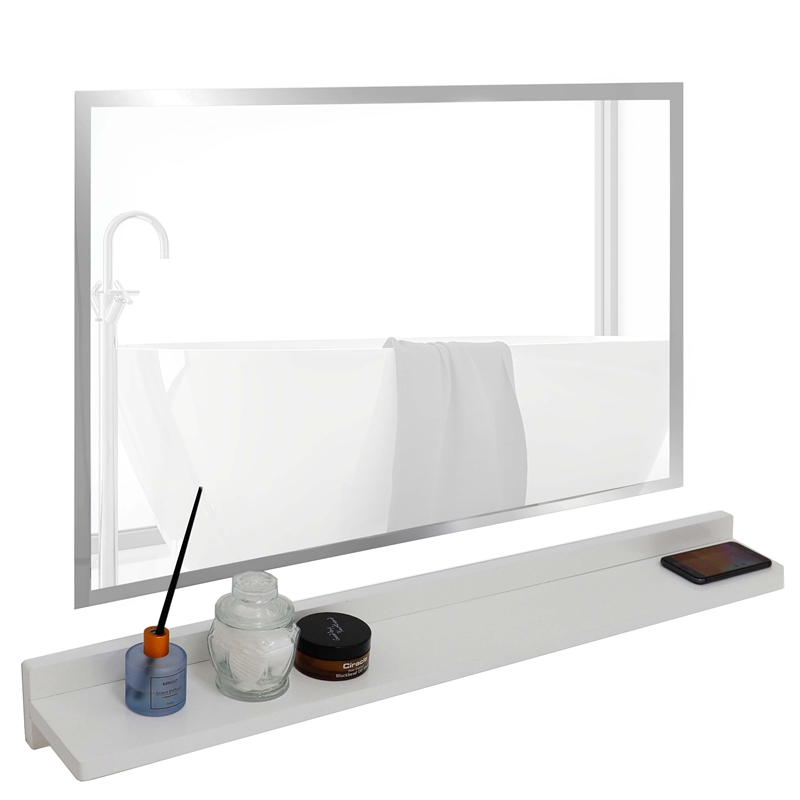 35 in. White Wooden QI Wireless Charging Shelf and Frameless Mirror Set