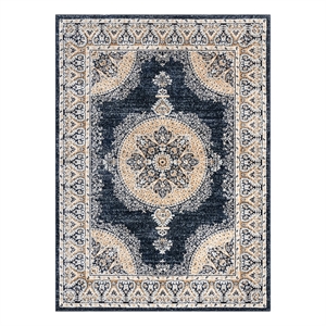 trendy collection ivory/blue/gold/floral medallion polyester rug - 7'10
