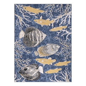 lela collection blue/gray/ivory fish and coral polyester rug - 5'2