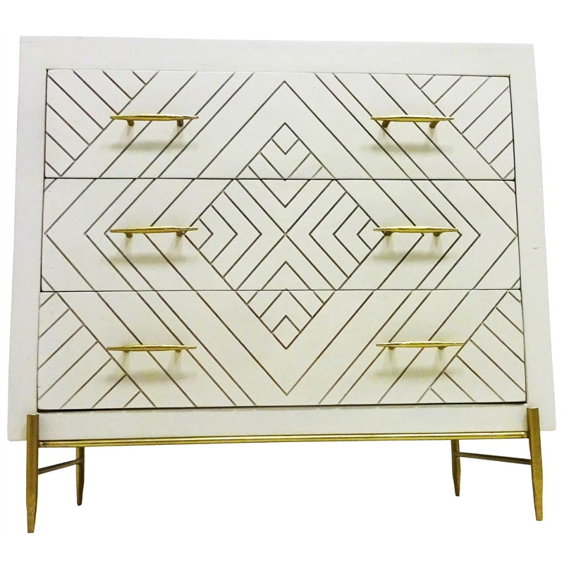 Perez 3-Drawer Solid Wood Chest in Ivory Finish on Brass-Finished Iron Base