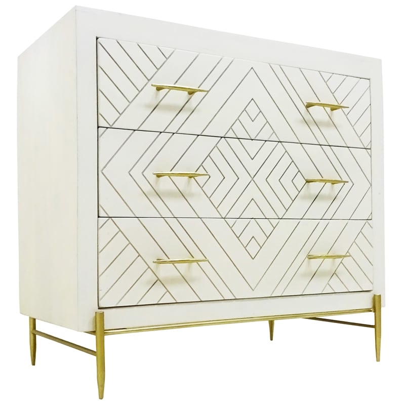 Perez 3-Drawer Solid Wood Chest in Ivory Finish on Brass-Finished Iron Base