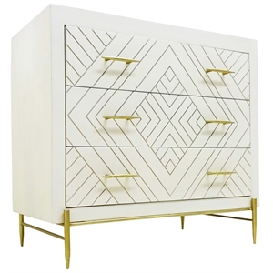 Perez 3-Drawer Solid Wood Chest in Ivory Finish on Brass-Finished Iron Base