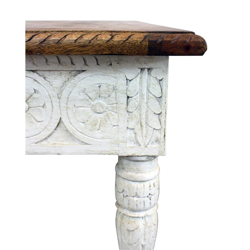 Bay Solid Wood Hand Carved End Table with Brown Top and Ivory Base
