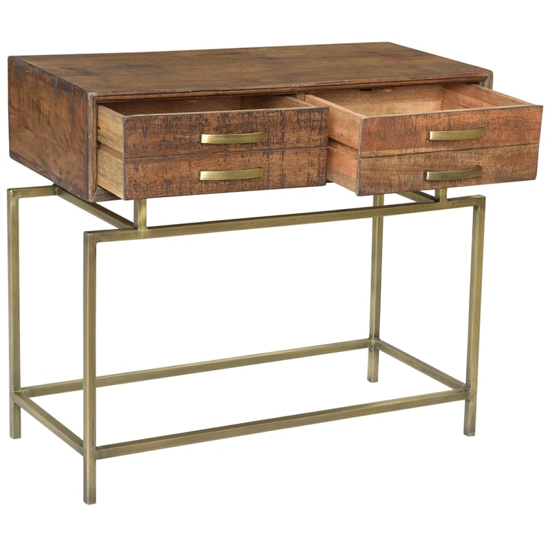 Goldbust Solid Wood Console Table in Natural with Brass-Finished Iron Base