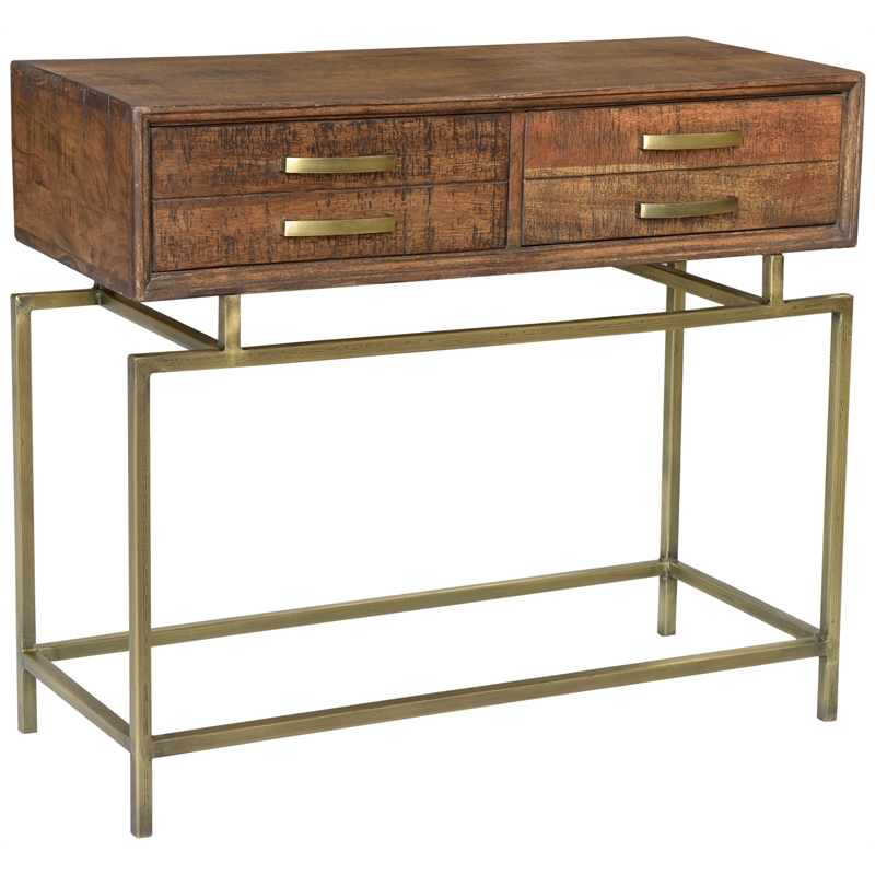 Goldbust Solid Wood Console Table in Natural with Brass-Finished Iron Base