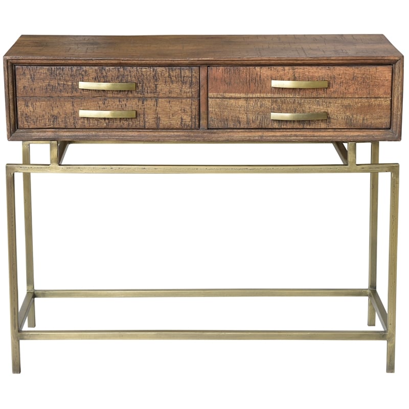 Goldbust Solid Wood Console Table in Natural with Brass-Finished Iron Base