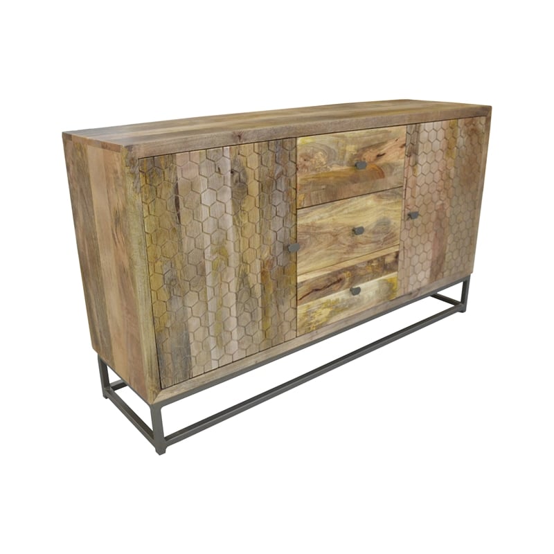 Harlow Solid Wood 2-Door 3-Drawer Sideboard in Natural on Brass-Finished Frame