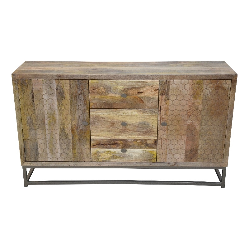 Harlow Solid Wood 2-Door 3-Drawer Sideboard in Natural on Brass-Finished Frame