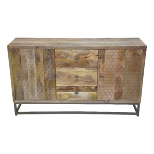 Harlow Solid Wood 2-Door 3-Drawer Sideboard in Natural on Brass-Finished Frame