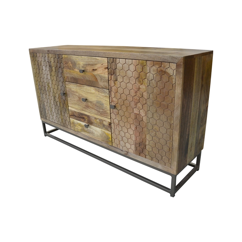 Harlow Solid Wood 2-Door 3-Drawer Sideboard in Natural on Brass-Finished Frame