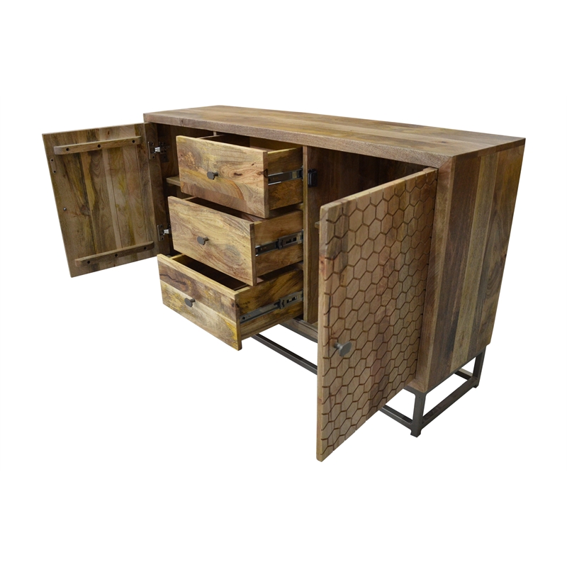 Harlow Solid Wood 2-Door 3-Drawer Sideboard in Natural on Brass-Finished Frame