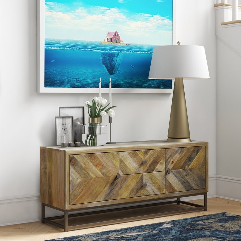 Maddy Solid Wood Media Console in Natural on Brass-Finished Iron Frame
