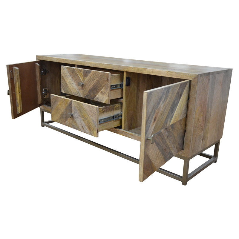 Maddy Solid Wood Media Console in Natural on Brass-Finished Iron Frame