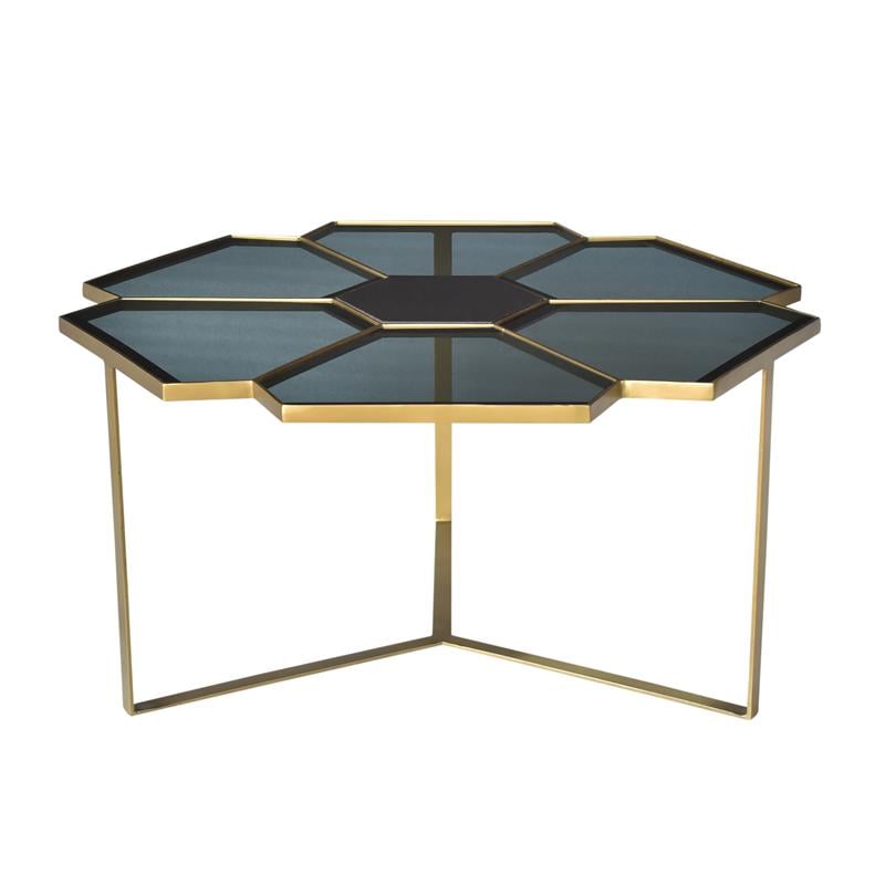 Mariel Coffee Table on Cast Iron Frame in Metallic Gold Finish with Glass Top