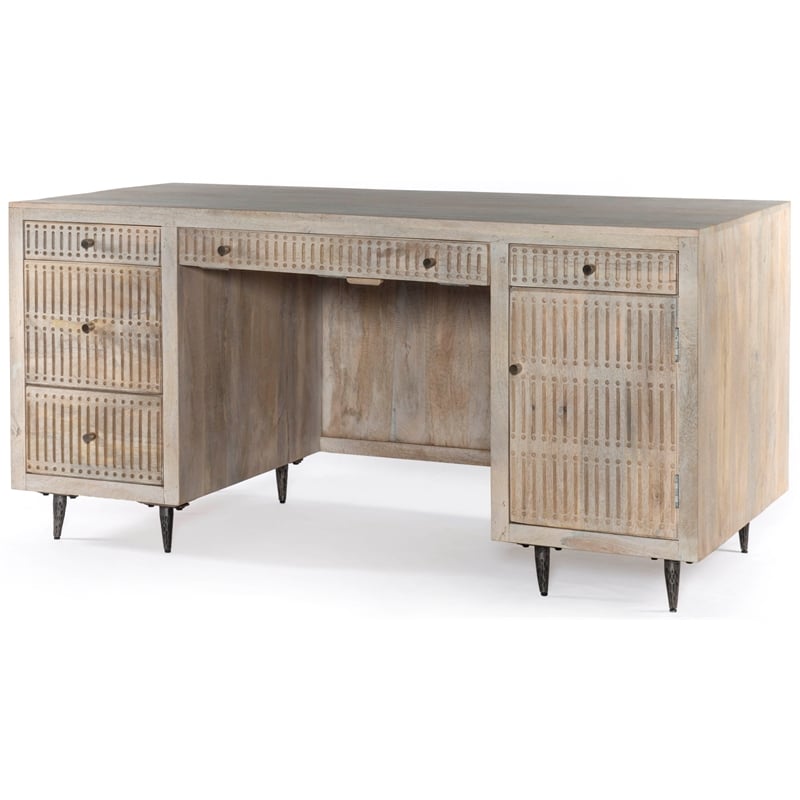 Sarah Solid Wood Hand-Carved Executive Desk in Brushed Ivory Finish