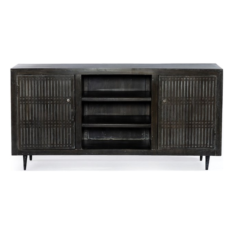 Sarah 2 Door Solid Wood Media Cabinet in Antique Brown Finish on Iron Base