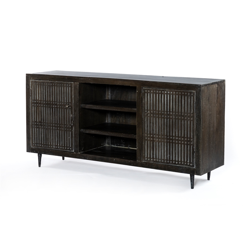 Sarah 2 Door Media Cabinet Mango Solid Wood Brushed Antique Brown on Iron Base