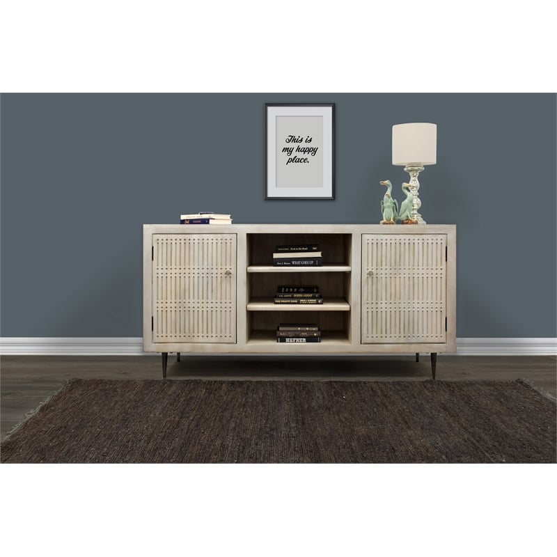 Sarah 2 Door Media Cabinet Mango Solid Wood Brushed Ivory Finish on Iron Base