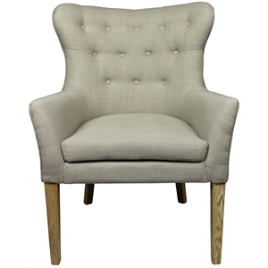 Ashton Armchair Upholstered in Beige Fabric with Button Tufting and Wooden Legs