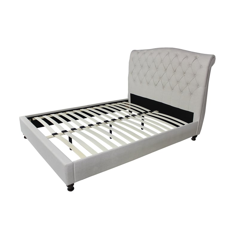 essex queen platform bed upholstered in beige fabric