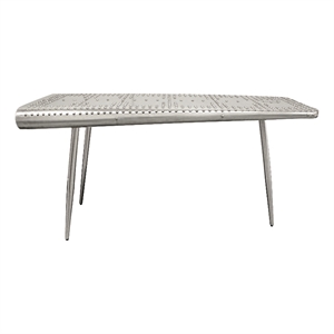 pilot console table with silver aluminum cladding and exposed steel screws