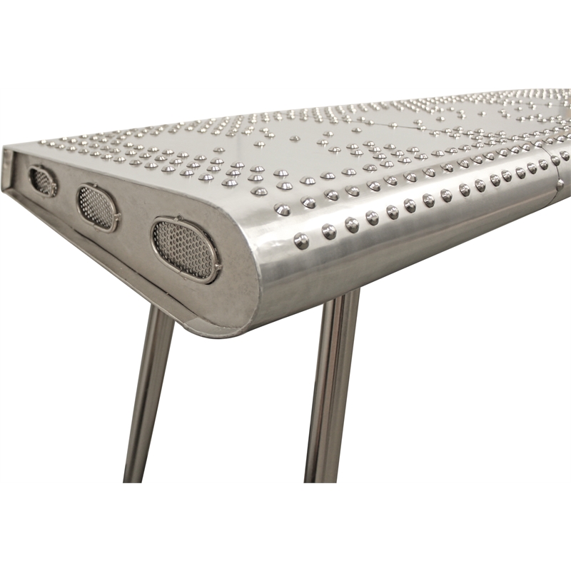 Pilot Console Table with Silver Aluminum Cladding and Exposed Steel Screws