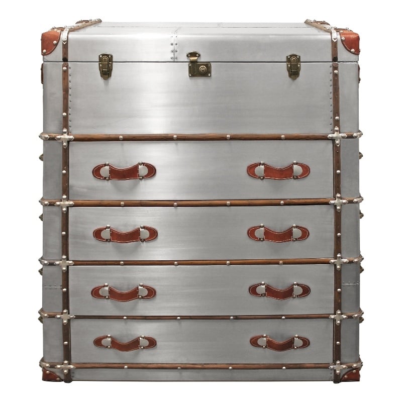 Pilot 4-Drawer Chest Lift Top & Leather Accents Solid Wood w/ Aluminum Cladding