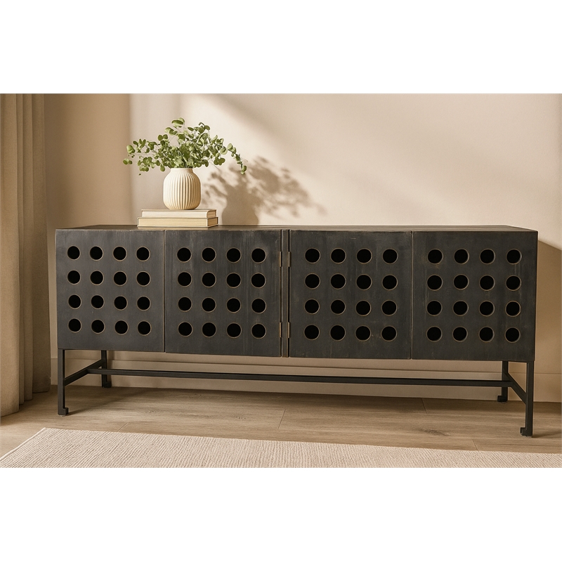 Aliso Becca Reclaimed Pine Wood 4 Door Sideboard on Cast Iron Base in Black