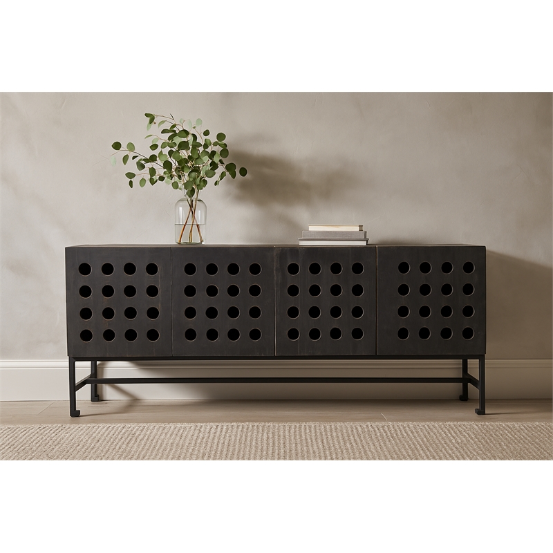 Aliso Becca Reclaimed Pine Wood 4 Door Sideboard on Cast Iron Base in Black