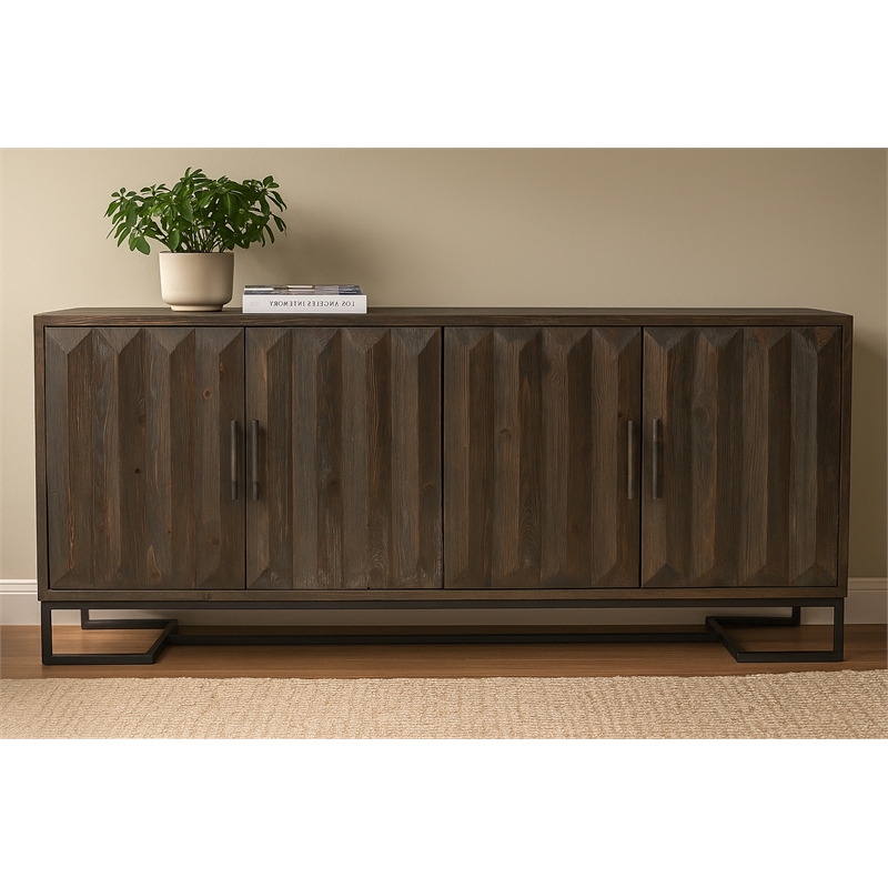 Peyton Reclaimed Pine Wood 4 Door Sideboard on Cast Iron Base in Dark Brown