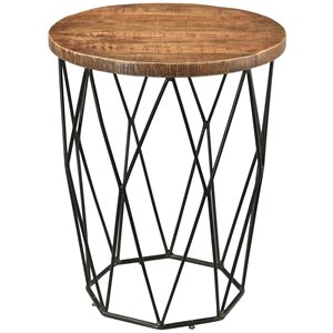 Mata Solid Wood Round End Table with Cast Iron Legs in Brown